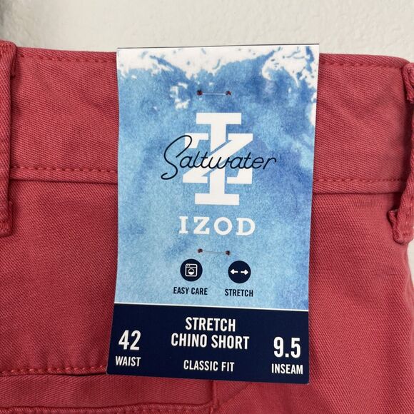 IZOD Chino Shorts Men's 42 Red Saltwater Wash Classic 9.5" Flat Front New $62 - Picture 3 of 9